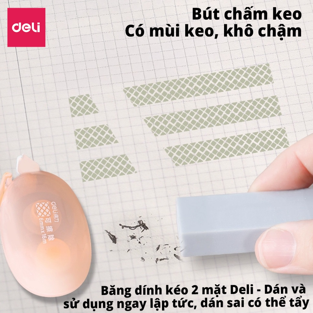Băng Dính 2 Mặt Dạng Kéo 8/16m Deli Băng Keo Dính 4 Màu Kẹo Ngọt Siêu Xinh Keo Dính Chắc Chắn Có Thể Xóa Được