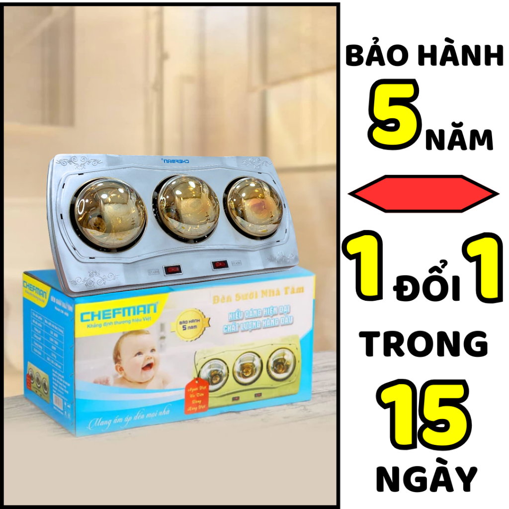 Đèn sưởi nhà tắm 2 bóng, 3 bóng Chefman công suất 825W làm ấm tức thì chỉ sau 5s - Bảo hành 5 năm