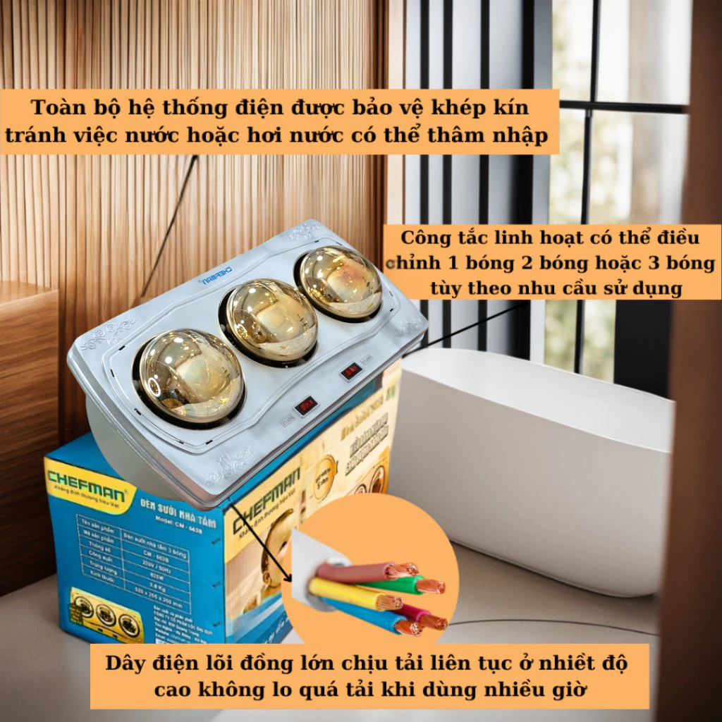 Đèn sưởi nhà tắm 2 bóng, 3 bóng Chefman công suất 825W làm ấm tức thì chỉ sau 5s - Bảo hành 5 năm
