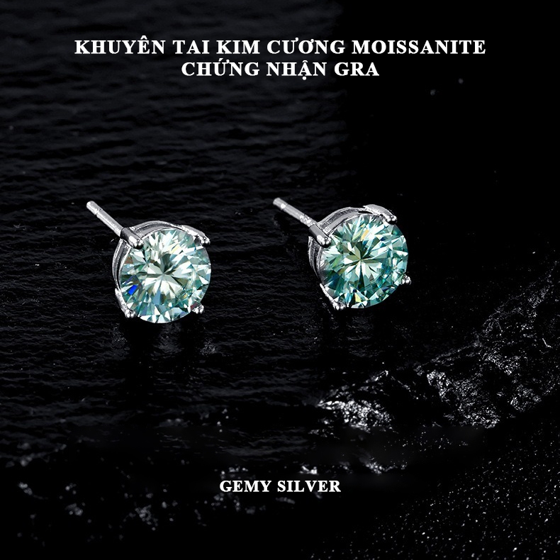 Khuyên tai bạc nam nụ đá Moissanite nhiều màu sắc kèm thẻ đen và giấy chứng nhận GRA (1 chiếc) | GEMY SILVER KN160