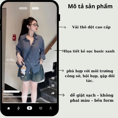 Áo sơ mi nữ dài tay kẻ sọc chất thô thoáng mát thấm hút mồ hôi Jumito, áo nữ thời trang công sở hàng cao cấp HCOM3054
