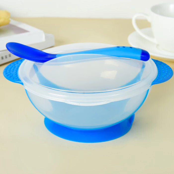 Bộ Chén Ăn Dặm Đế Silicone Chống Trượt Màu Xanh Kèm Muỗng Cảm Ứng Nhiệt