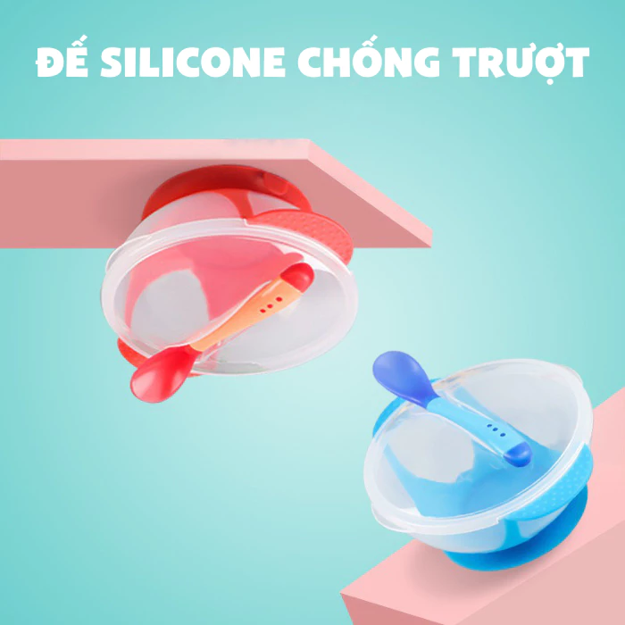 Bộ Chén Ăn Dặm Đế Silicone Chống Trượt Màu Xanh Kèm Muỗng Cảm Ứng Nhiệt