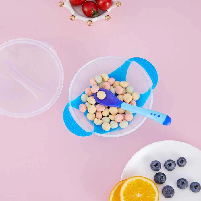 Bộ Chén Ăn Dặm Đế Silicone Chống Trượt Màu Xanh Kèm Muỗng Cảm Ứng Nhiệt