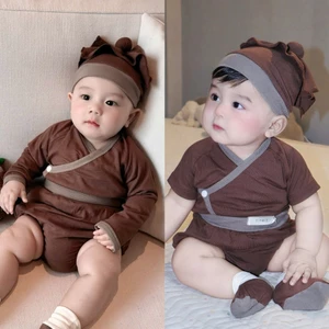 Set quần áo kèm mũ chú Tiều phu minin tone nâu siêu trắng da dễ thương cho bé
