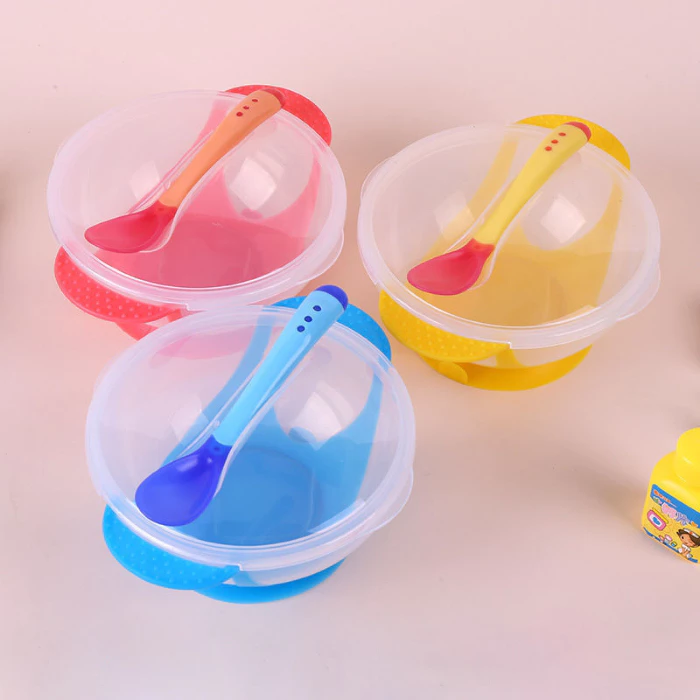 Bộ Chén Ăn Dặm Đế Silicone Chống Trượt Màu Xanh Kèm Muỗng Cảm Ứng Nhiệt
