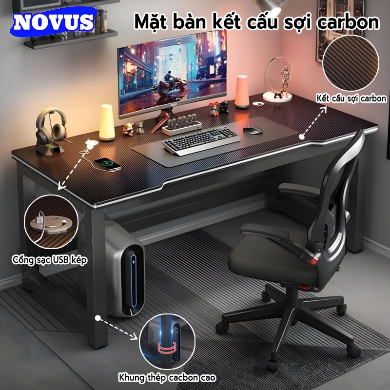 Bàn Gaming NOVUS mặt vân carbon, cổng sạc USB, chắc chắn, hiện đại - Đa năng cho game thủ, học tập và làm việc