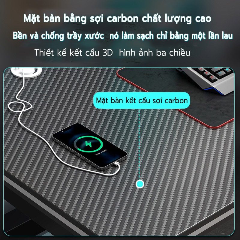 Bàn Gaming NOVUS mặt vân carbon, cổng sạc USB, chắc chắn, hiện đại - Đa năng cho game thủ, học tập và làm việc