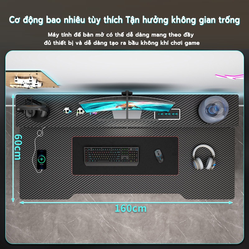 Bàn Gaming NOVUS mặt vân carbon, cổng sạc USB, chắc chắn, hiện đại - Đa năng cho game thủ, học tập và làm việc
