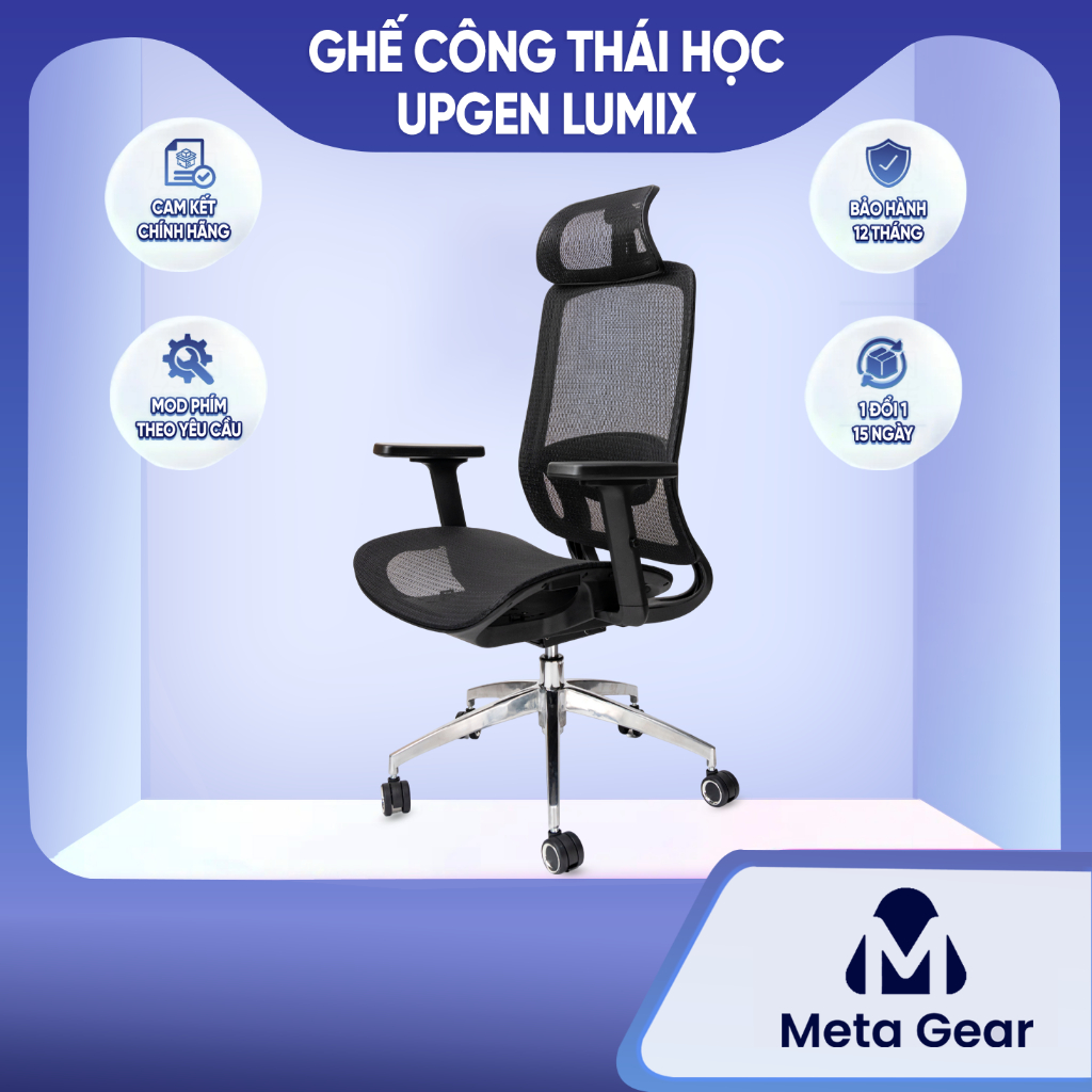 Ghế công thái học Upgen Lumix -  Ghế văn phòng lưng lưới thoáng khí, giảm đau lưng, tựa đầu & đệm êm chống tê chân