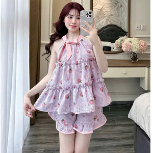 Set đồ bộ ngủ mặc ngủ nữ vải Đũi cao cấp - CN017