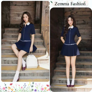 Đầm xòe ngắn tay cổ bẻ phối kem mix váy xếp ly xanh navy, phong cách Hàn Quốc nữ tính HCOM25824