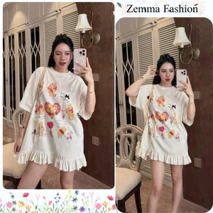 Váy thun dáng rộng tay lỡ, họa tiết gấu Pooh dễ thương, viền bèo lai phong cách trẻ trung xinh xắn HCOM26119