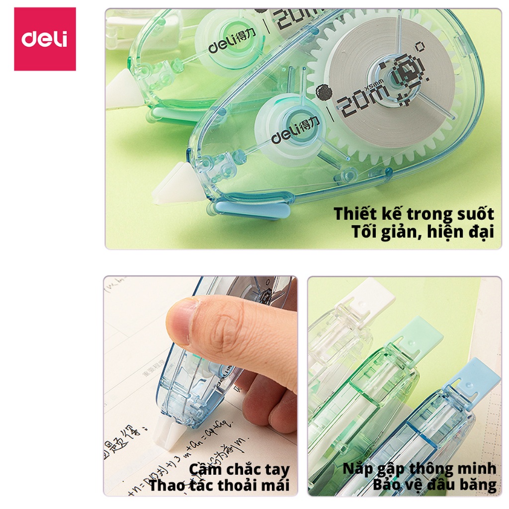 [VOUCHER 20%]Băng Xoá Deli 20/30/40m Nắp Gập Bút Xoá Băng Thiết Kế 3 Màu Trong Suốt - Xoá Sạch Khô Siêu Nhanh