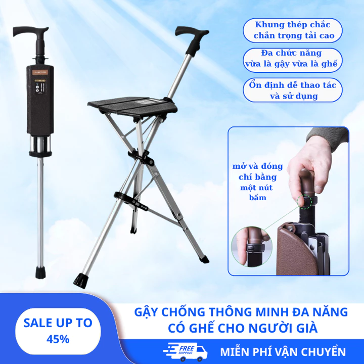 Gậy chống có ghế ngồi gấp gọn thông minh cho người già M010, Gậy chống đa năng cho người già (Bảo hành 12 tháng)