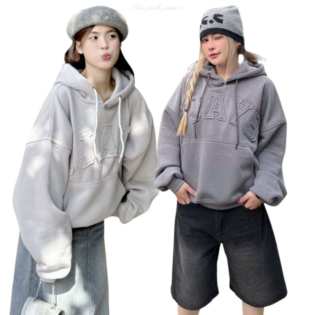 Áo Hoodie Unisex Nỉ Có Mũ To Form Rộng Nam Nữ Thêu Chữ Nổi JJAYS 3 Màu Trẻ Trung SSL