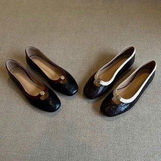 (Sẵn nâu 37) Giày bệt da cừu niche camellia dành cho nữ phong cách Pháp cổ điển