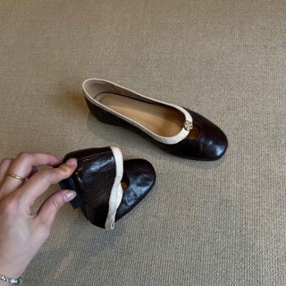 (Sẵn nâu 37) Giày bệt da cừu niche camellia dành cho nữ phong cách Pháp cổ điển