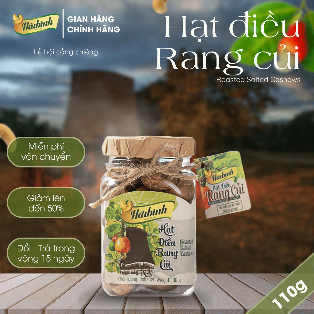 110g Hạt điều rang muối Gia Lai Organic công nghệ rang củi tự nhiên dạng hũ  - Hải Bình Gia Lai