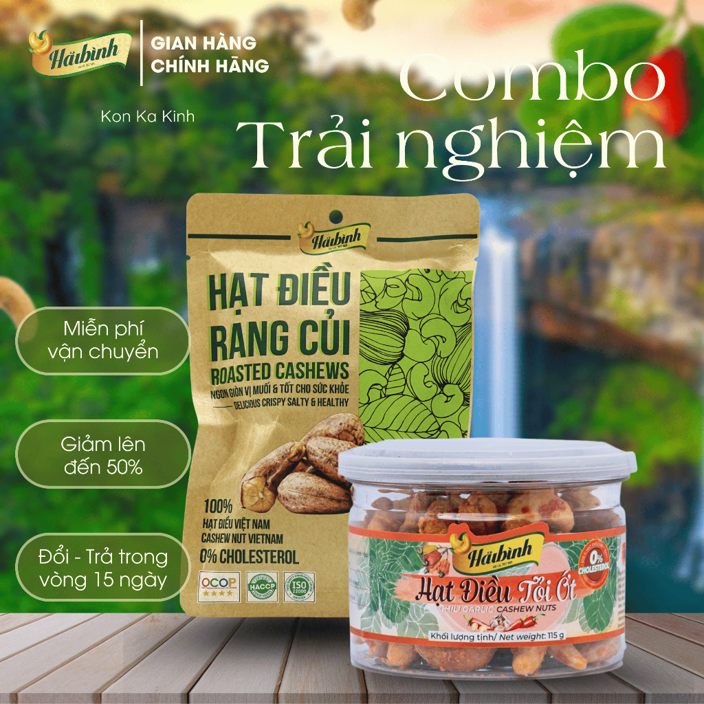 COMBO TRẢI NGHIỆM - Hạt điều rang củi 100g và Hạt điều Tỏi ớt 115g - Hải Bình Gia Lai