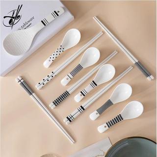Set 5 Thìa Sứ, Muỗng Ăn Súp Hoạ Tiết MàuTrắng Đen phong Cách Hiện Đại