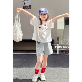[B&G] Sét bộ áo trắng cotton mèo kèm quần đùi jean mềm cho bé gái từ 10-45kg(2-12 tuổi)