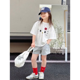 [B&G] Sét bộ áo trắng cotton mèo kèm quần đùi jean mềm cho bé gái từ 10-45kg(2-12 tuổi)