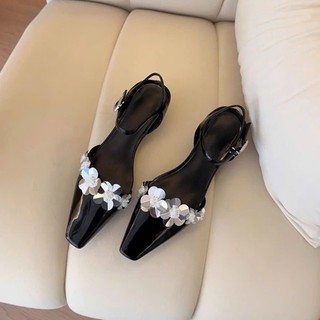 (Sẵn bạc 39, đen 37) Giày đơn kiểu Pháp mũi vuông đính sequin họa tiết hoa thời trang hàn quốc