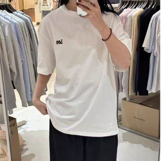 LEE  Thêu nhỏ tiêu đề ngắn tay áo nam và nữ đồng mẫu ngắn T  Logo Đá ngắn Tay áo đá ngắn TEE  Thả vai Hàn Quốc để mua cặ