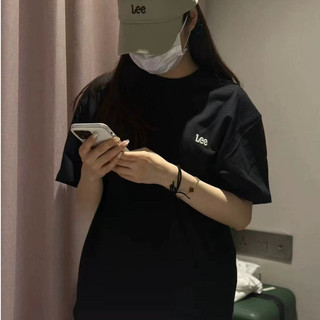 LEE  Thêu nhỏ tiêu đề ngắn tay áo nam và nữ đồng mẫu ngắn T  Logo Đá ngắn Tay áo đá ngắn TEE  Thả vai Hàn Quốc để mua cặ