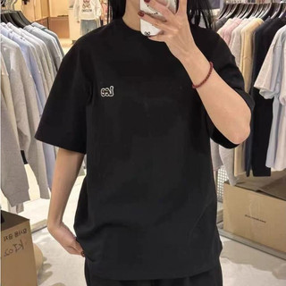 LEE  Thêu nhỏ tiêu đề ngắn tay áo nam và nữ đồng mẫu ngắn T  Logo Đá ngắn Tay áo đá ngắn TEE  Thả vai Hàn Quốc để mua cặ