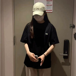 LEE  Thêu nhỏ tiêu đề ngắn tay áo nam và nữ đồng mẫu ngắn T  Logo Đá ngắn Tay áo đá ngắn TEE  Thả vai Hàn Quốc để mua cặ