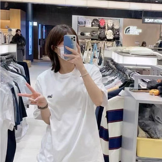 LEE  Thêu nhỏ tiêu đề ngắn tay áo nam và nữ đồng mẫu ngắn T  Logo Đá ngắn Tay áo đá ngắn TEE  Thả vai Hàn Quốc để mua cặ