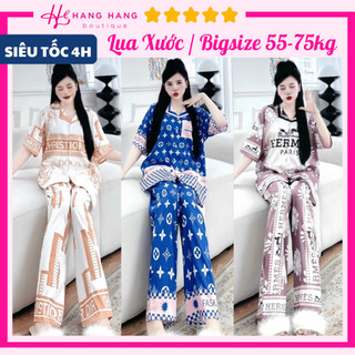 Đồ ngủ nữ bigsize 55-75kg, pijama dài cộc tay ngắn lụa xước mềm mát 75CD09, đồ bộ nữ đồ mặc nhà dễ thương sang chảnh