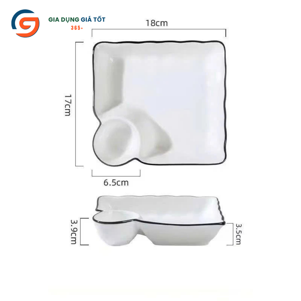 Đĩa vuông sứ trắng kèm ngăn đựng nước chấm viền đen sang trọng, khay đựng đồ ăn, sushi, hải sản