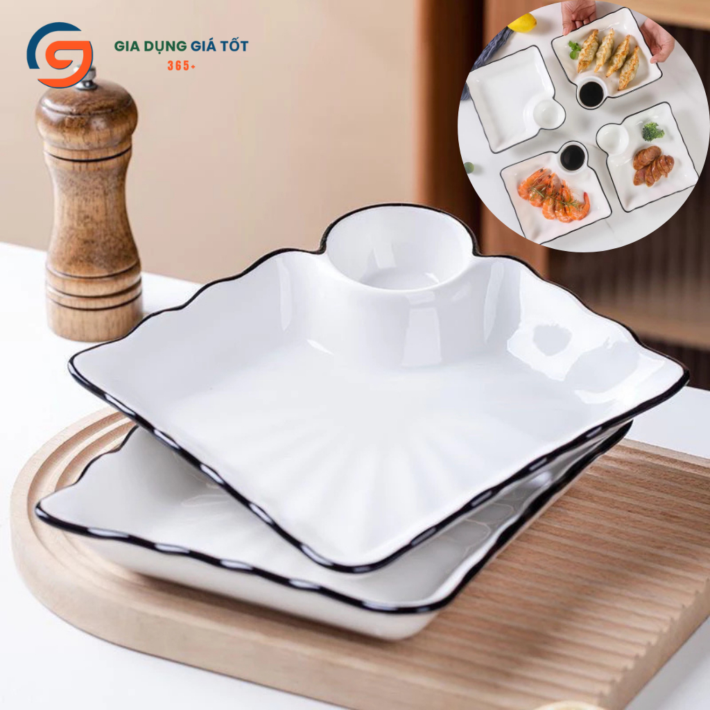 Đĩa vuông sứ trắng kèm ngăn đựng nước chấm viền đen sang trọng, khay đựng đồ ăn, sushi, hải sản