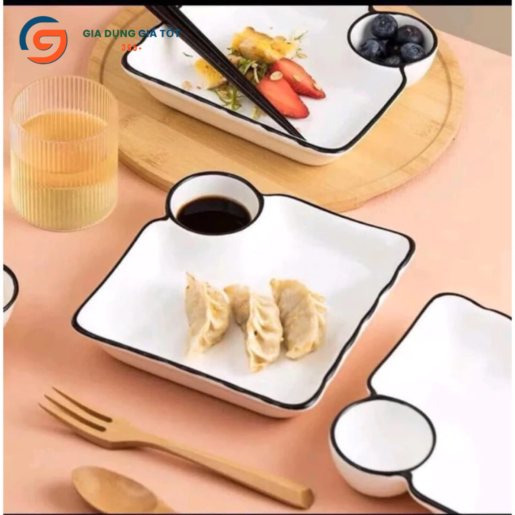 Đĩa vuông sứ trắng kèm ngăn đựng nước chấm viền đen sang trọng, khay đựng đồ ăn, sushi, hải sản