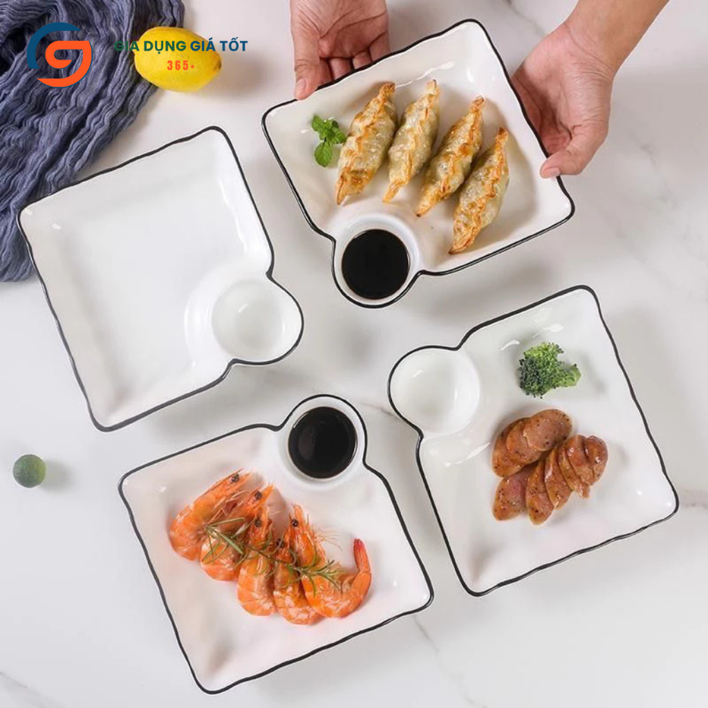 Đĩa vuông sứ trắng kèm ngăn đựng nước chấm viền đen sang trọng, khay đựng đồ ăn, sushi, hải sản
