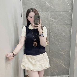 VMY Studio - Áo polo thêu ngựa cộc tay nữ, áo mông pha tay thêu công sở basic nữ