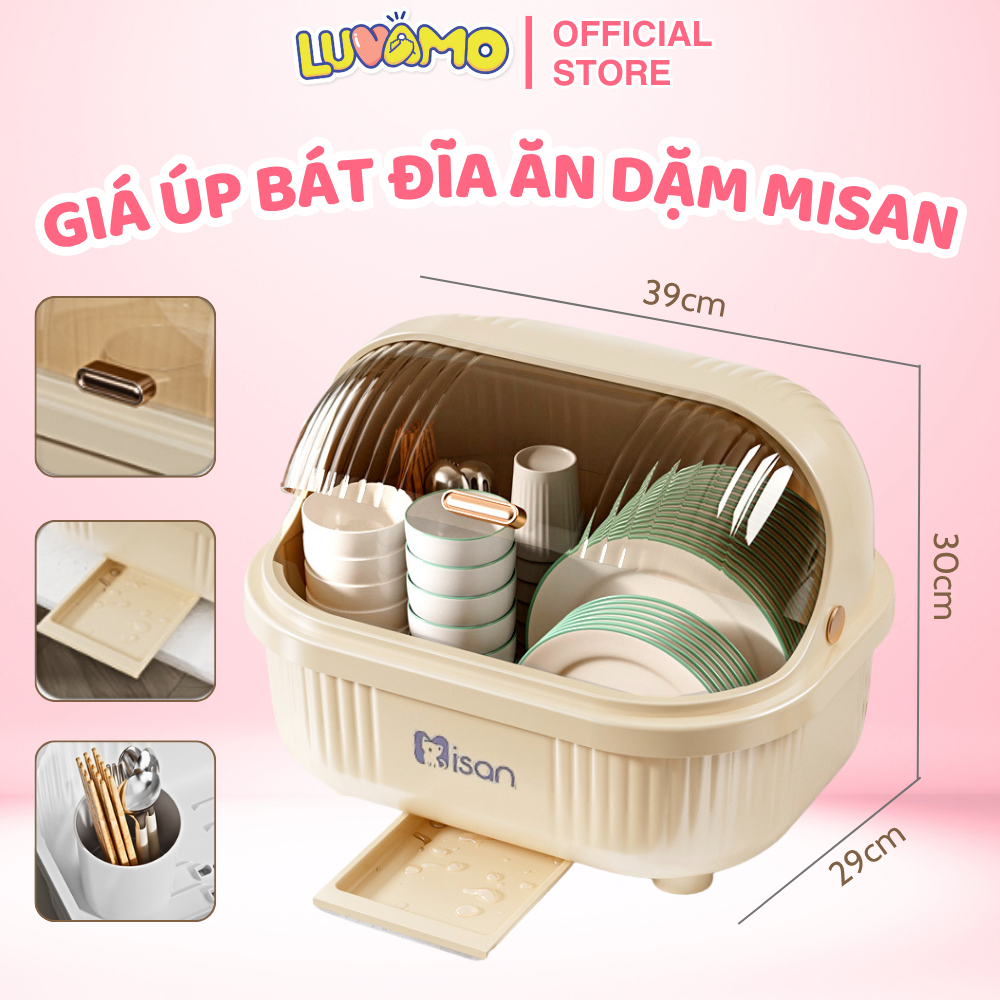 Giá úp bát có nắp đậy cho bé ăn dặm Misan kèm máng hứng nước Luvamo