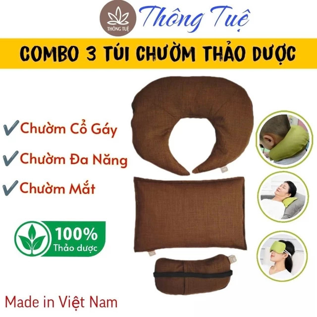 Combo 3 Túi Chườm Thảo Dược, GỐI CHƯỜM + CHƯỜM CỔ TRÒN + CHƯỜM MẮT, Túi Chườm Nóng giảm nhức mỏi, Thông Tuệ