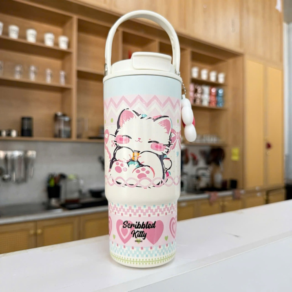 Bình Giữ Nhiệt WARM OR COLD Big Car |  dung tích 880ml Inox 316 Tráng Sứ – Đáy Silicone & Charm Hoa