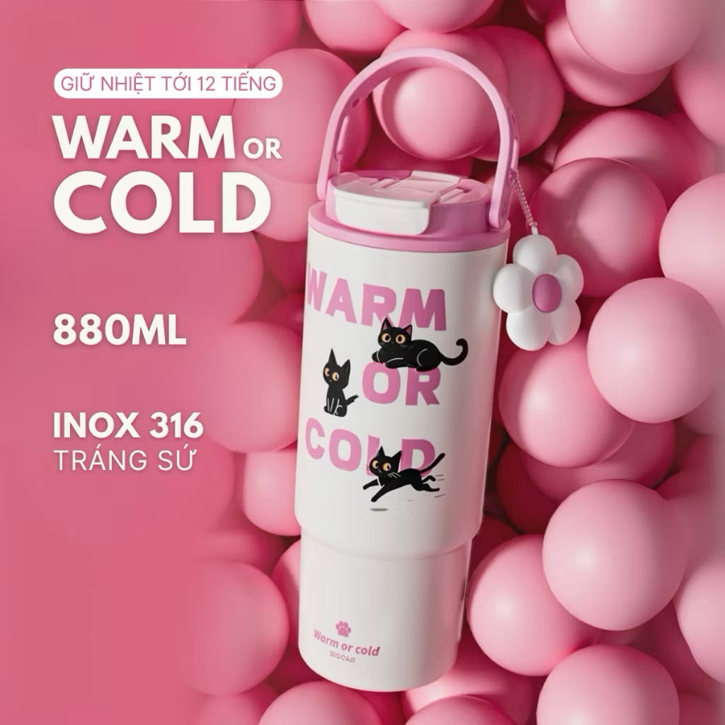Bình Giữ Nhiệt WARM OR COLD Big Car |  dung tích 880ml Inox 316 Tráng Sứ – Đáy Silicone & Charm Hoa