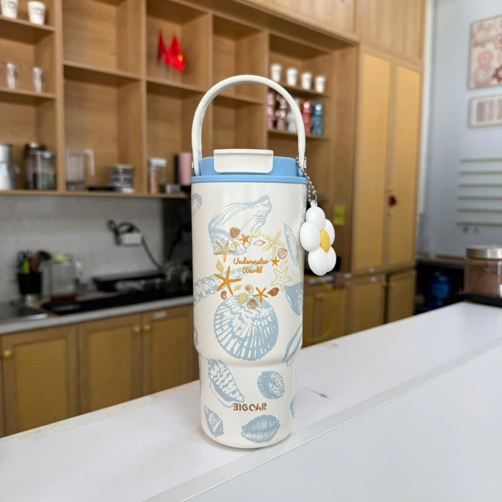 Bình Giữ Nhiệt WARM OR COLD Big Car |  dung tích 880ml Inox 316 Tráng Sứ – Đáy Silicone & Charm Hoa