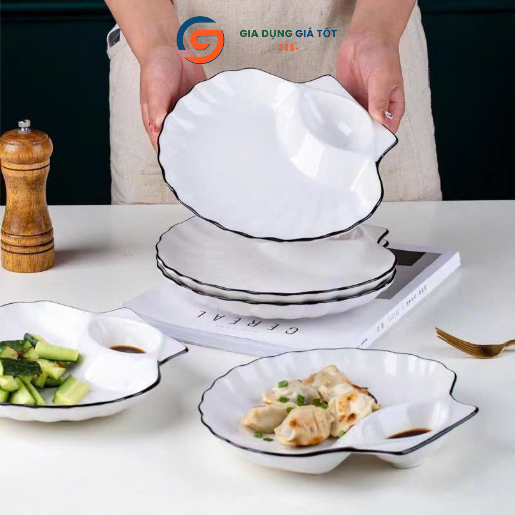 Đĩa sứ trắng viền đen hình sò có ngăn nước chấm, đĩa ăn sang trọng cho nhà hàng, tiệc, gia đình