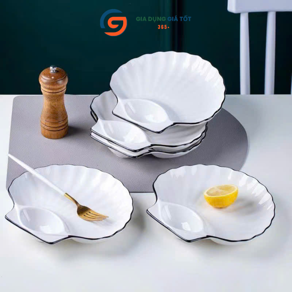 Đĩa sứ trắng viền đen hình sò có ngăn nước chấm, đĩa ăn sang trọng cho nhà hàng, tiệc, gia đình