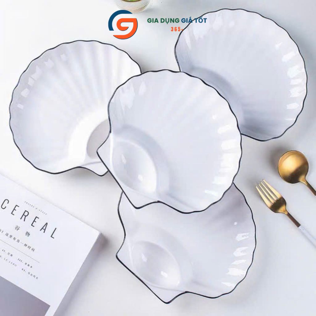 Đĩa sứ trắng viền đen hình sò có ngăn nước chấm, đĩa ăn sang trọng cho nhà hàng, tiệc, gia đình