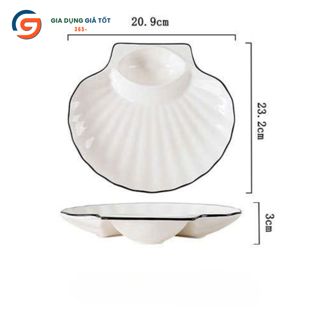 Đĩa sứ trắng viền đen hình sò có ngăn nước chấm, đĩa ăn sang trọng cho nhà hàng, tiệc, gia đình