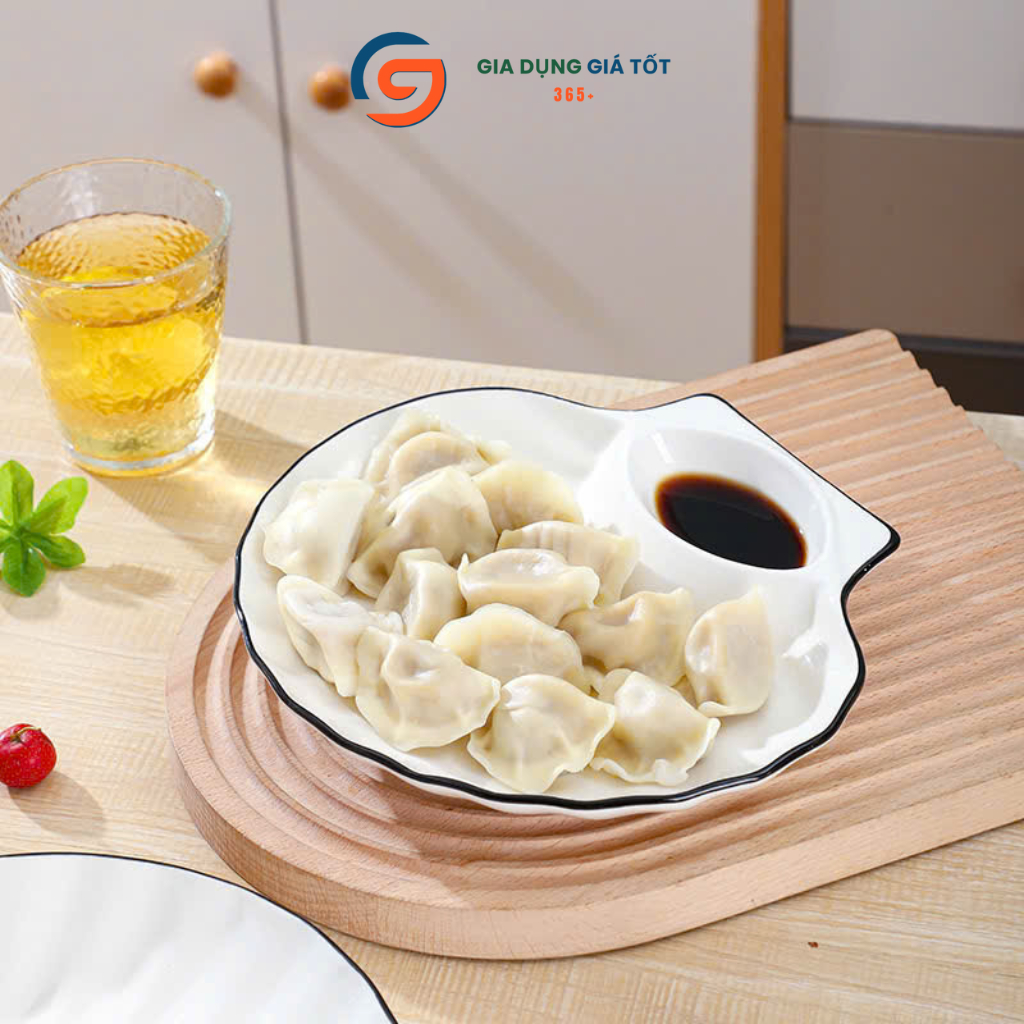 Đĩa sứ trắng viền đen hình sò có ngăn nước chấm, đĩa ăn sang trọng cho nhà hàng, tiệc, gia đình