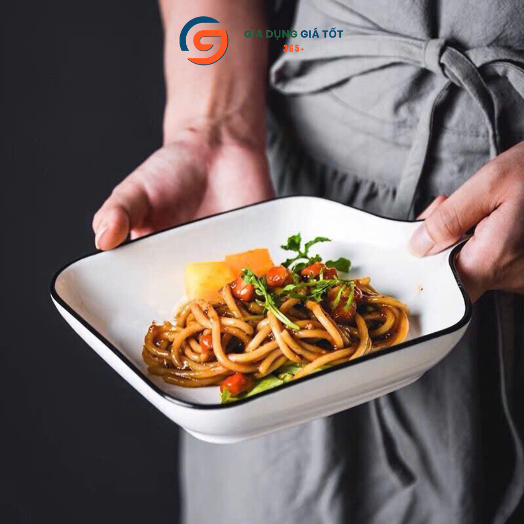 Đĩa sứ vuông có tay cầm viền đen - đĩa ăn tráng men sang trọng cho nhà hàng, quán ăn, gia đình